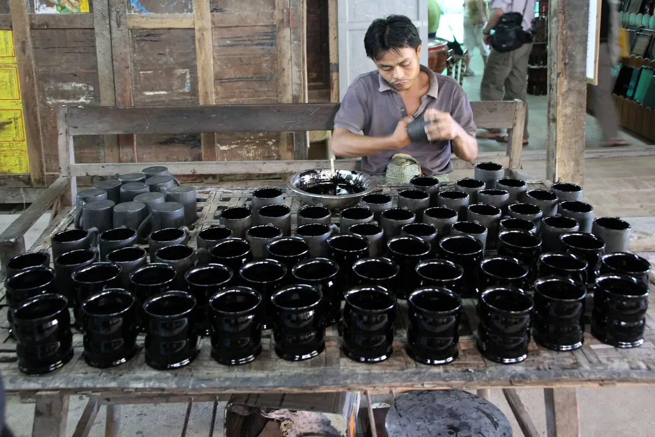 Hand-made lacquerware in a Bagan workshop