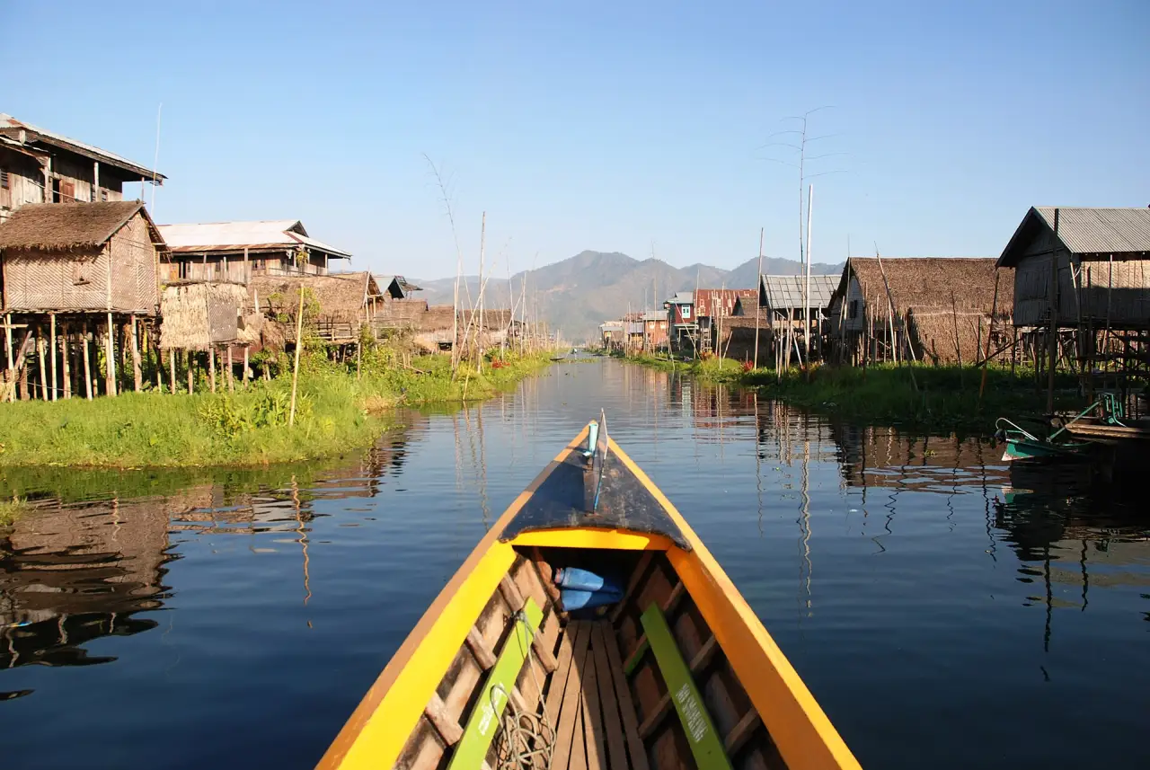 Long-tail boat on a canal at Inle Lake