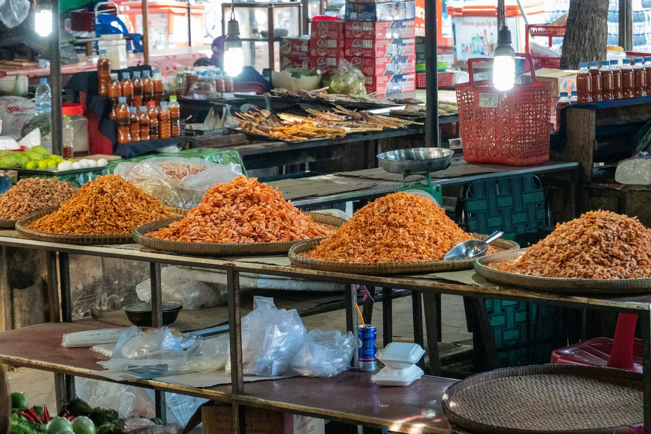 Stalls at the Kep crab market