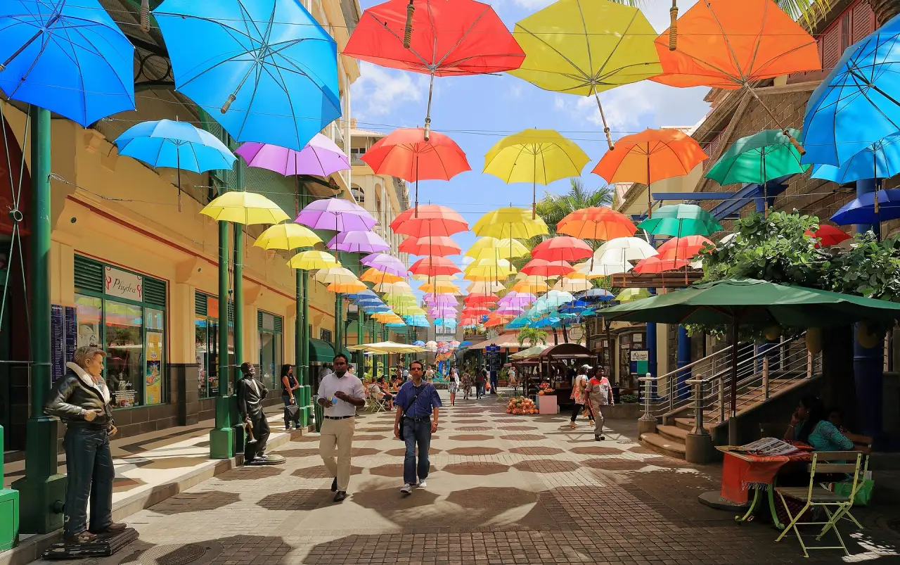 Umbrella-lined street at the Caudan Waterfront, Port Louis