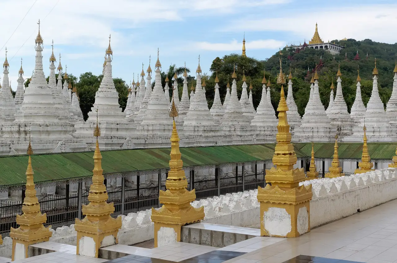 Rows of white stupas at Kuthodaw Pagoda, Mandalay