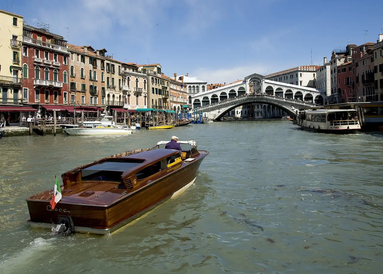 A water taxi on the Grand Canal near the Rialto