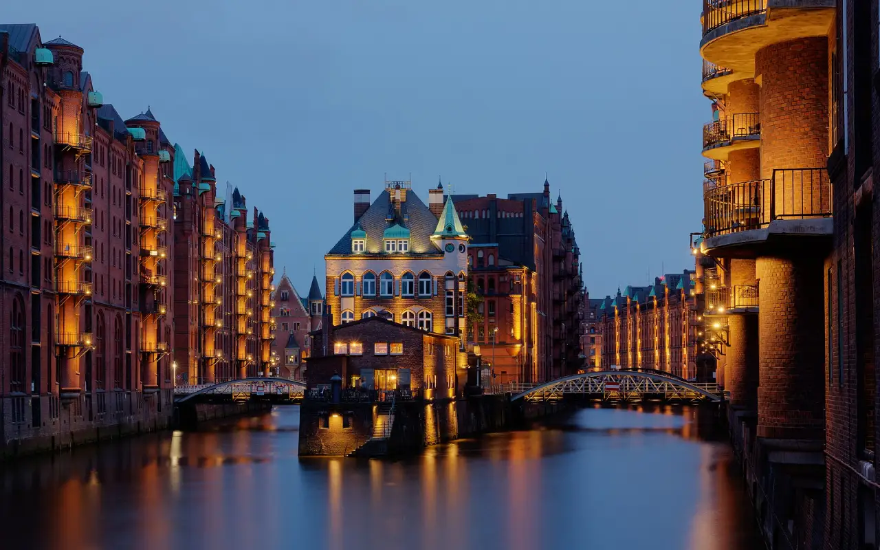 The warehouse district of Speicherstadt at dusk, Hamburg