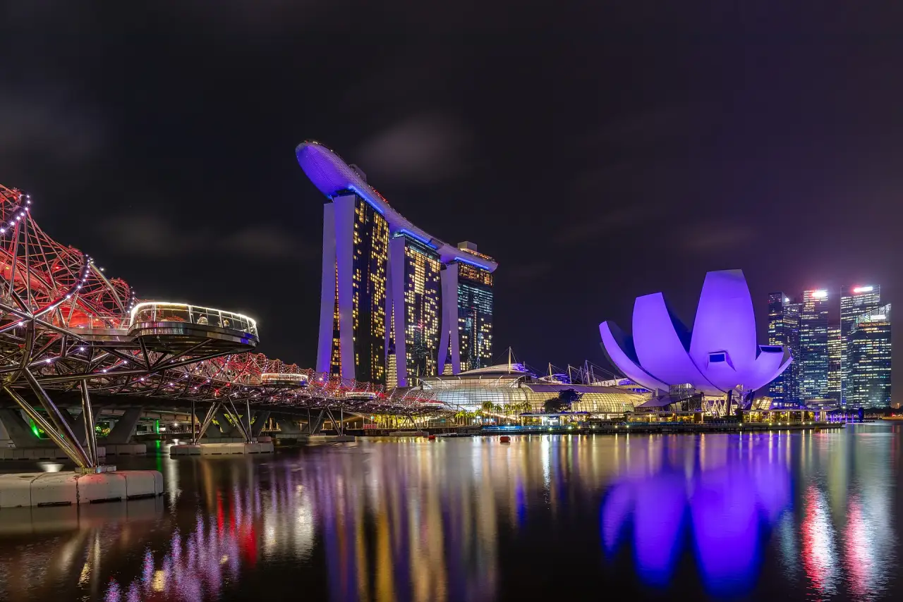 Marina Bay Sands and the ArtScience Museum from the Helix Bridge