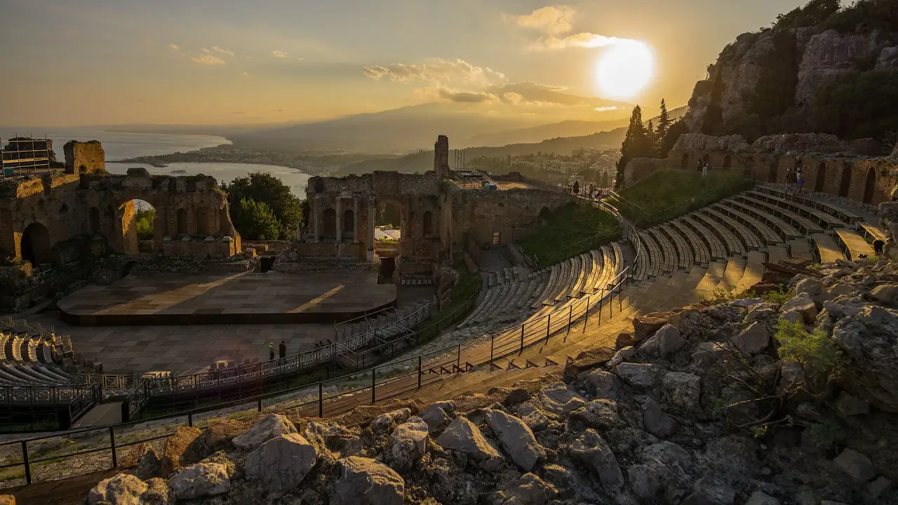The Teatro Antico in Taormina at sunset